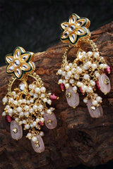 Pink And Green Gold-Plated Kundan And Pearls Dangler Earring