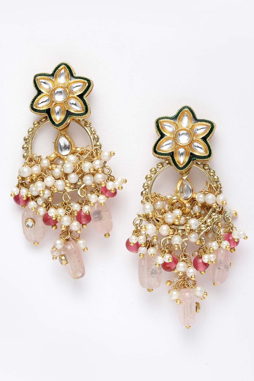 Pink And Green Gold-Plated Kundan And Pearls Dangler Earring