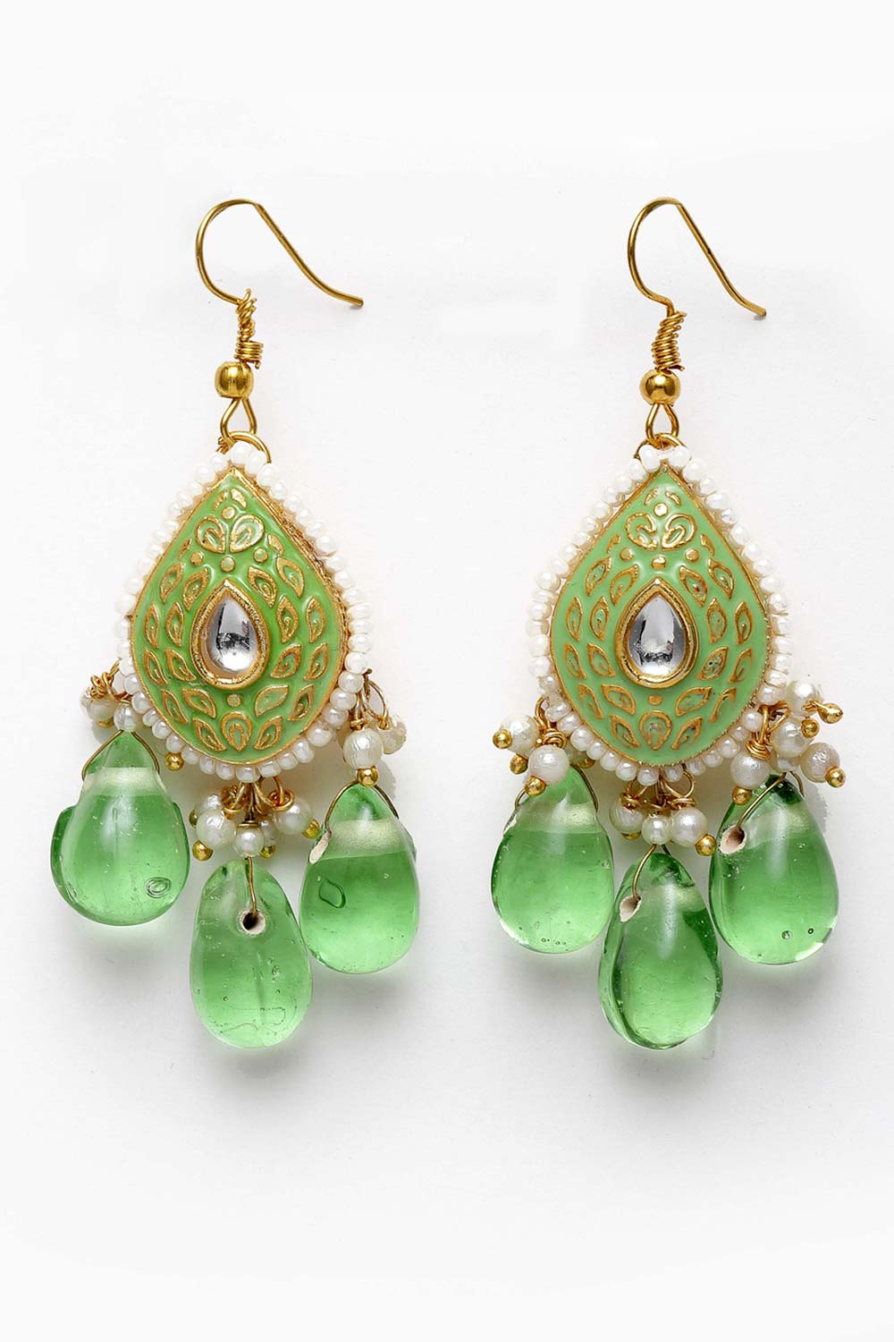 Green And White Gold-Plated Kundan And Pearls dangler Earring