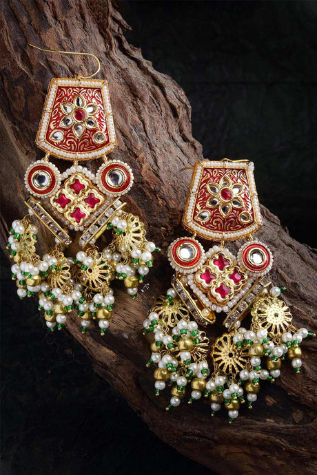 Multi-Color And White Gold-Plated Kundan And Pearls Dangler Earring