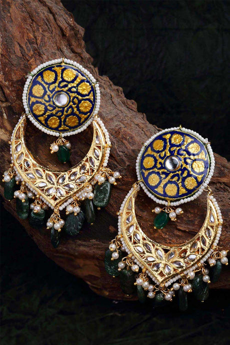 Blue And White Gold-Plated Kundan And Pearls Dangler Earring