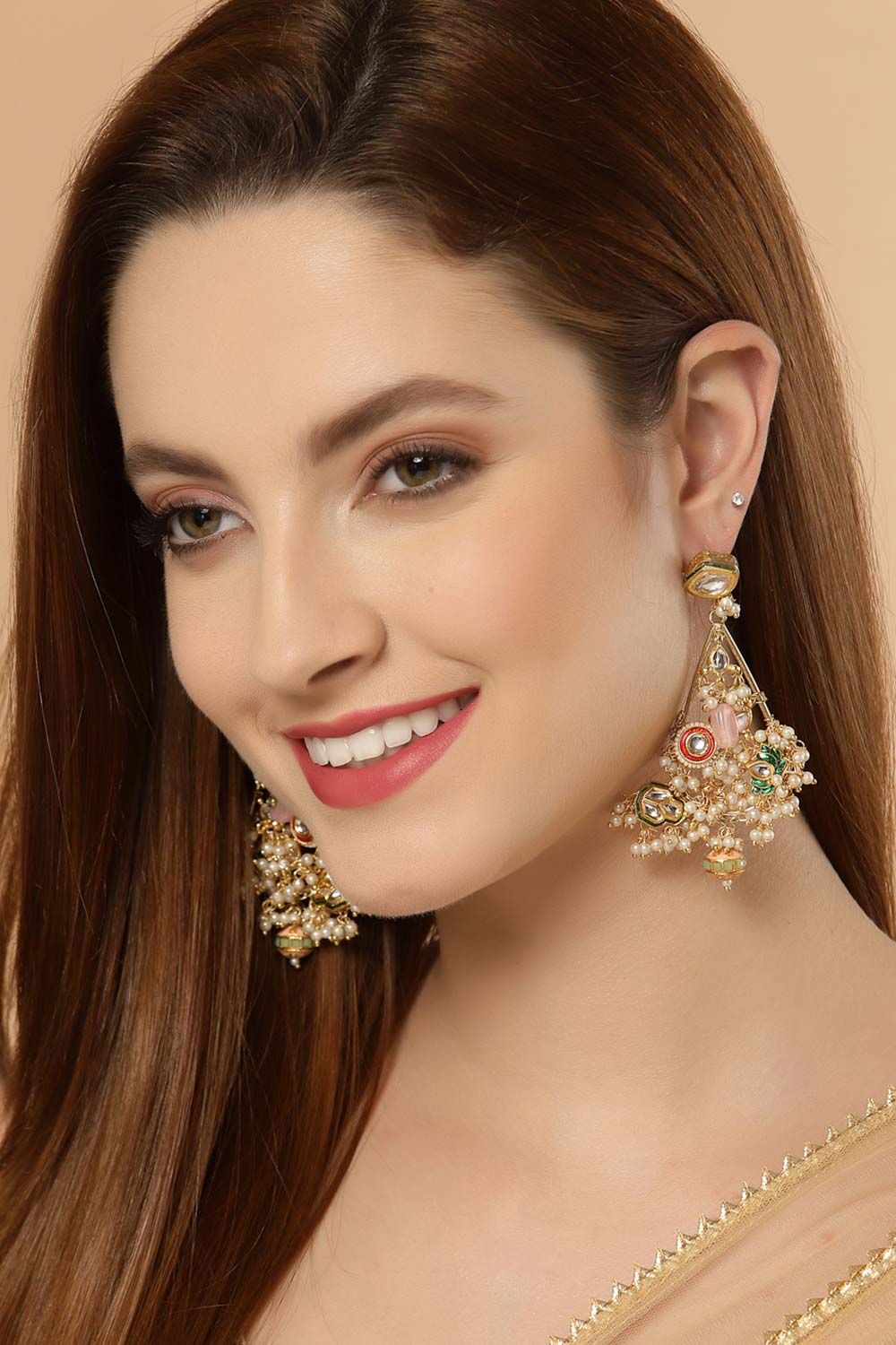 Multi-color And Pink Gold-Plated Kundan And Pearls dangler Earring