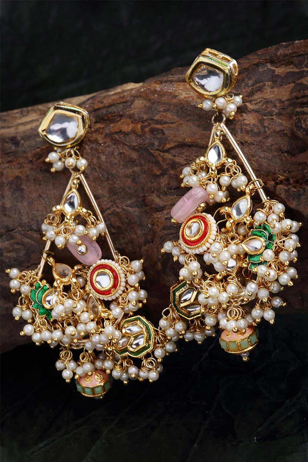 Multi-color And Pink Gold-Plated Kundan And Pearls dangler Earring