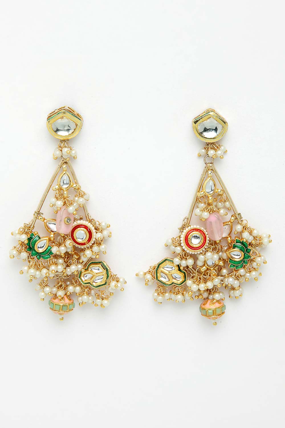 Multi-color And Pink Gold-Plated Kundan And Pearls dangler Earring
