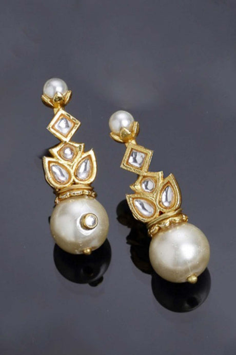Gold And White Gold-Plated Kundan And Pearls dangler Earring
