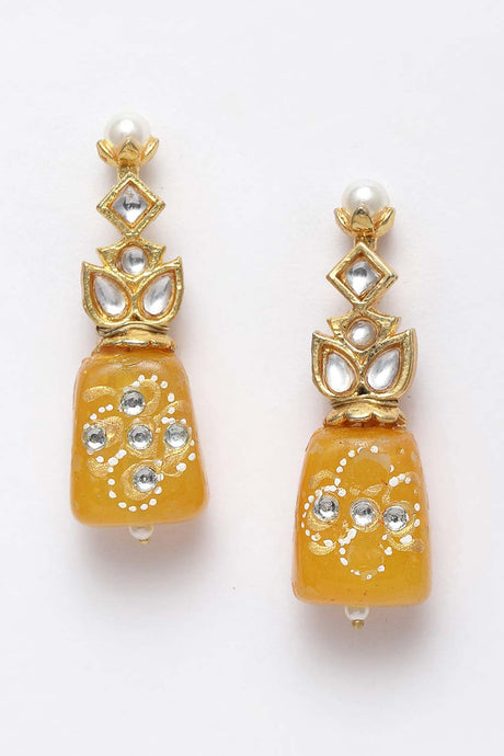 Yellow And White Gold-Plated Kundan And Pearls dangler Earring