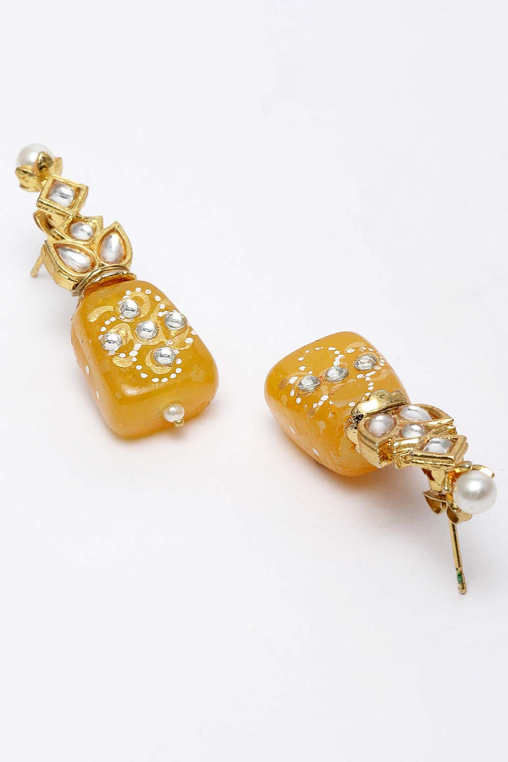 Yellow And White Gold-Plated Kundan And Pearls Dangler Earring