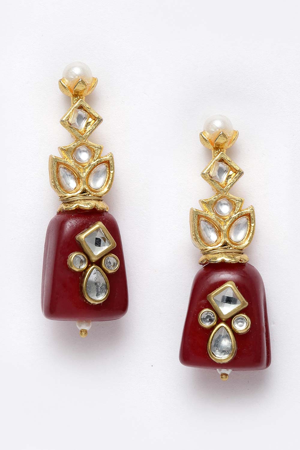 Red And White Gold-Plated Kundan And Pearls Dangler Earring