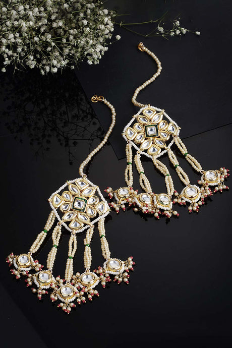 Red And White Gold-Plated Kundan And Pearls Dangler Earring