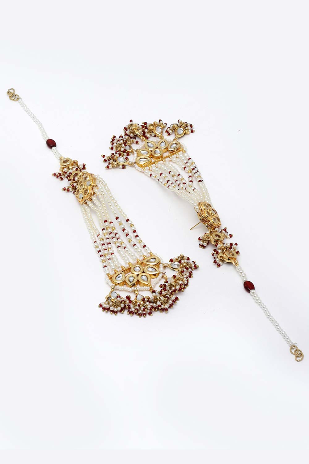 Red And White Gold-Plated Kundan And Pearls Dangler Earring