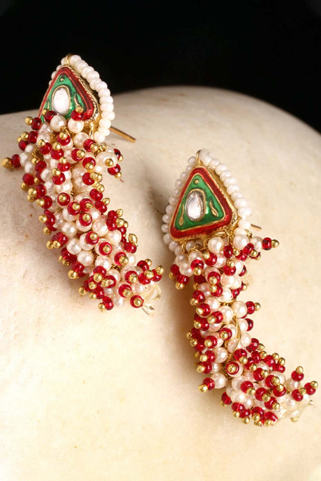 Red And Green Gold-Plated Kundan And Pearls dangler Earring