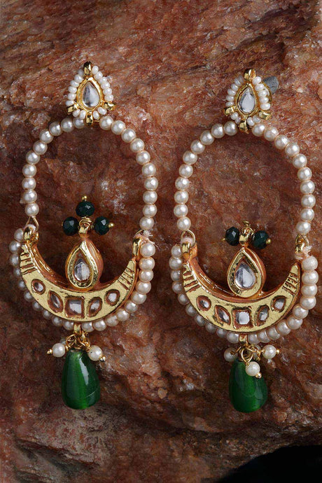 Green And Blue Gold-Plated Kundan And Pearls dangler Earring