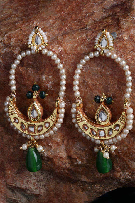 Green And Blue Gold-Plated Kundan And Pearls Dangler Earring