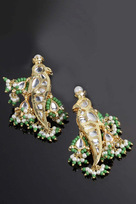 Green And White Gold-Plated Kundan And Pearls dangler Earring