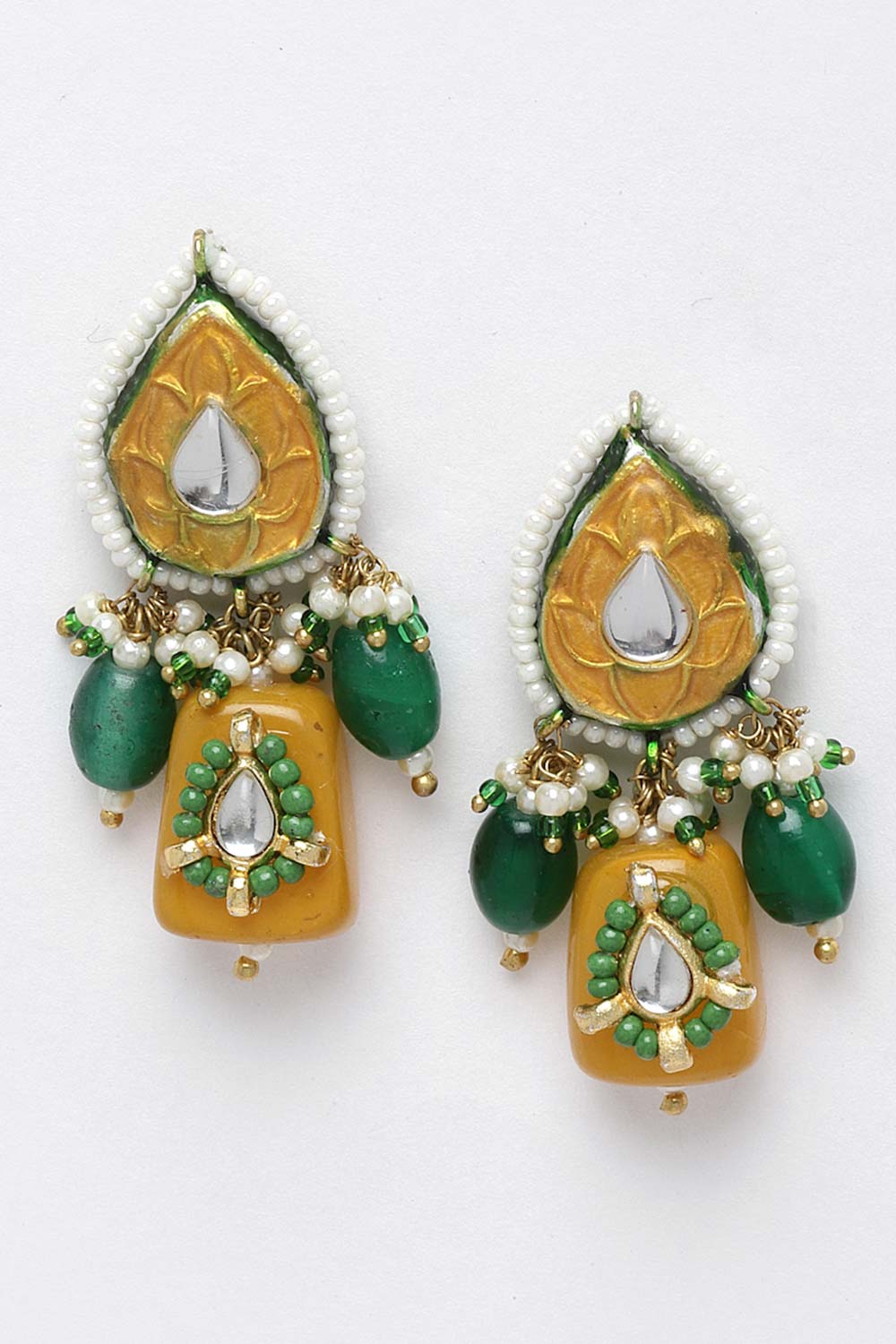 Green And White Gold-Plated Kundan And Pearls Dangler Earring