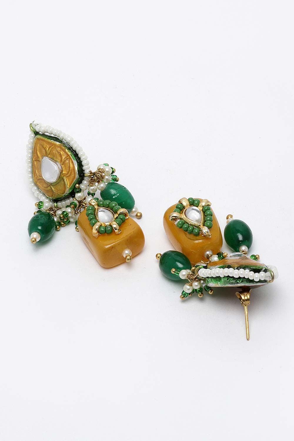 Green And White Gold-Plated Kundan And Pearls Dangler Earring