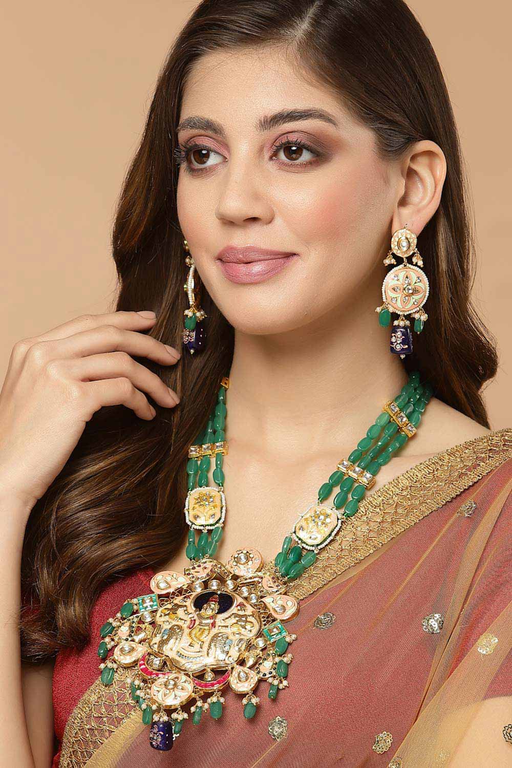 Blue And Green Gold-Plated Kundan And Pearls Drop Earring