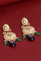 Blue And Green Gold-Plated Kundan And Pearls Drop Earring