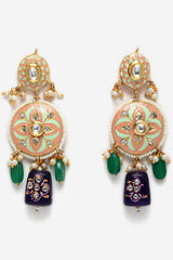 Blue And Green Gold-Plated Kundan And Pearls Drop Earring