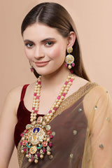 Pink And Gold Gold-Plated Kundan And Pearls Drop Earring