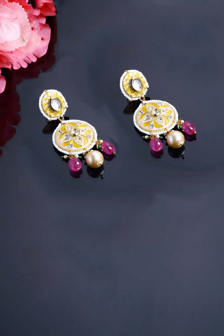 Pink And Gold Gold-Plated Kundan And Pearls Drop Earring