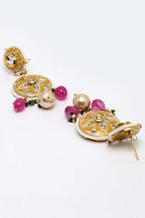 Pink And Gold Gold-Plated Kundan And Pearls Drop Earring