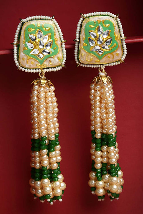 Green And Cream Gold-Plated Kundan And Pearls drop Earring