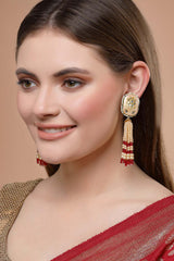 Red And Cream Gold-Plated Kundan And Pearls Drop Earring