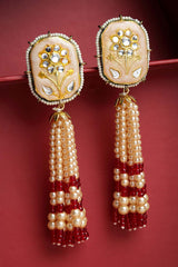 Red And Cream Gold-Plated Kundan And Pearls Drop Earring