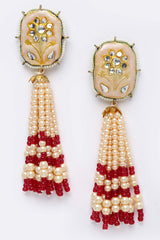 Red And Cream Gold-Plated Kundan And Pearls Drop Earring