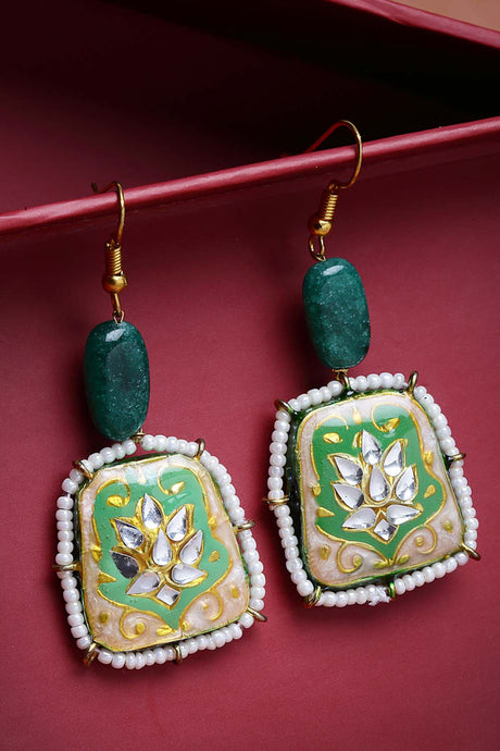 Green And White Gold-Plated Kundan And Pearls Drop Earring