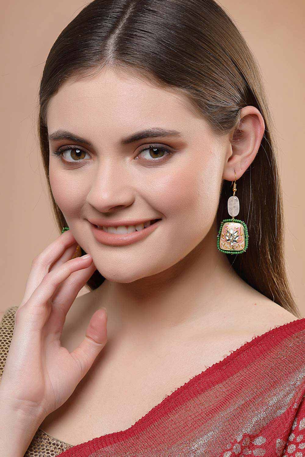 Pink And Green Gold-Plated Kundan And Pearls Drop Earring