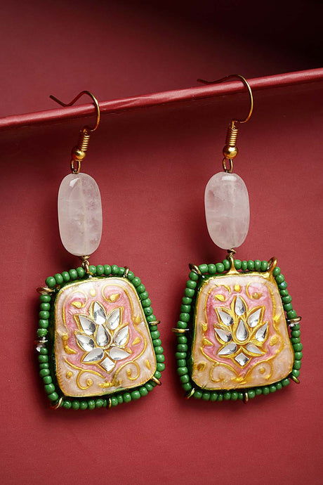 Pink And Green Gold-Plated Kundan And Pearls Drop Earring