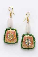 Pink And Green Gold-Plated Kundan And Pearls Drop Earring