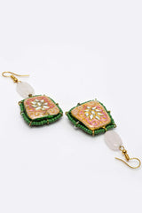 Pink And Green Gold-Plated Kundan And Pearls Drop Earring