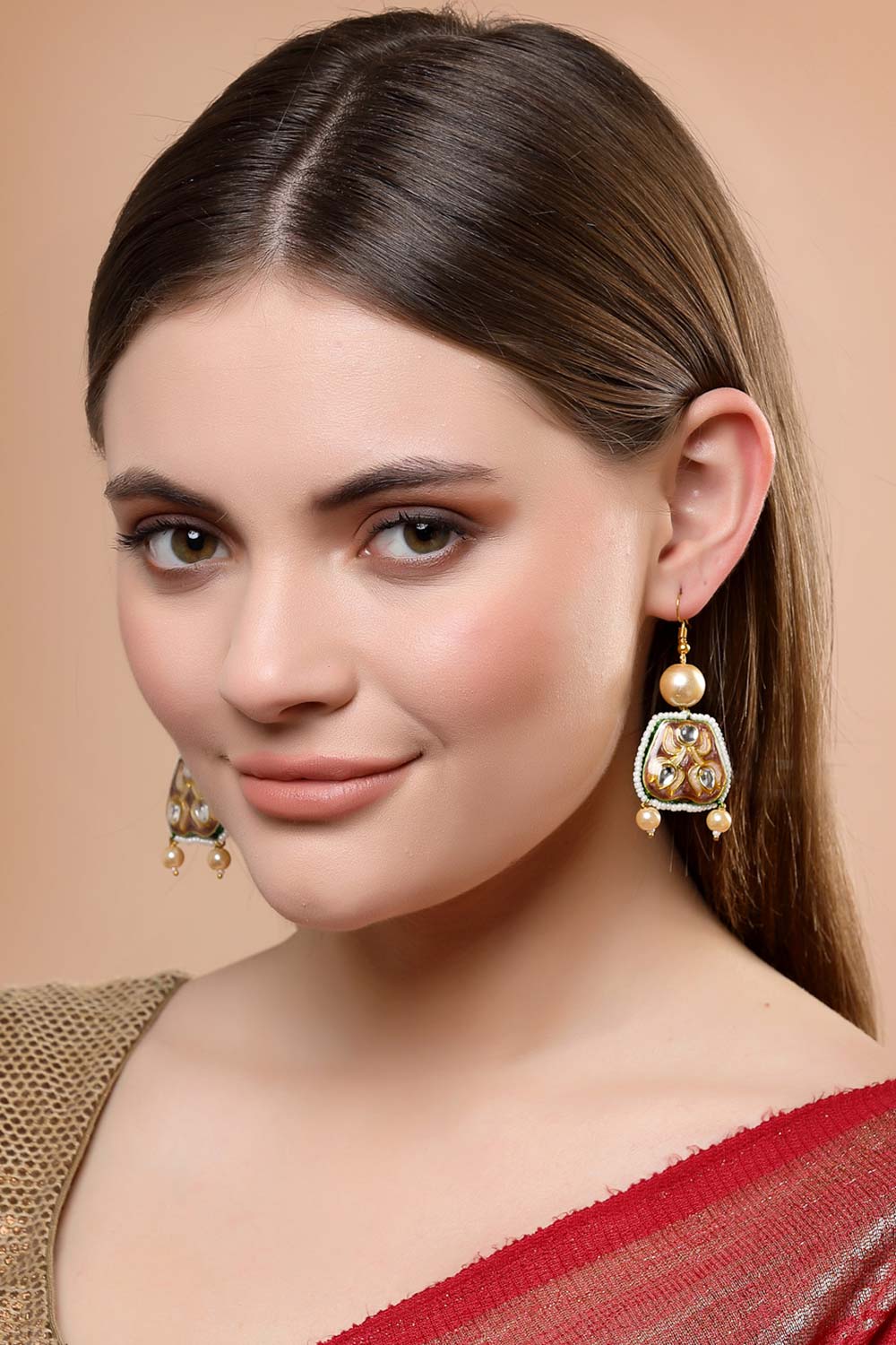 Gold And White Gold-Plated Kundan And Pearls drop Earring