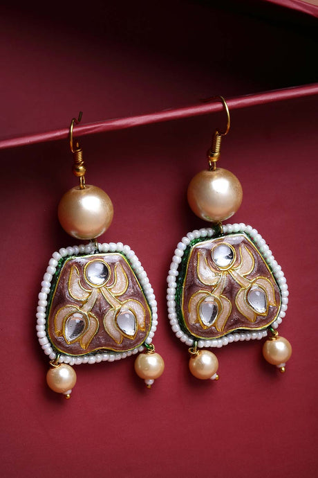 Gold And White Gold-Plated Kundan And Pearls Drop Earring