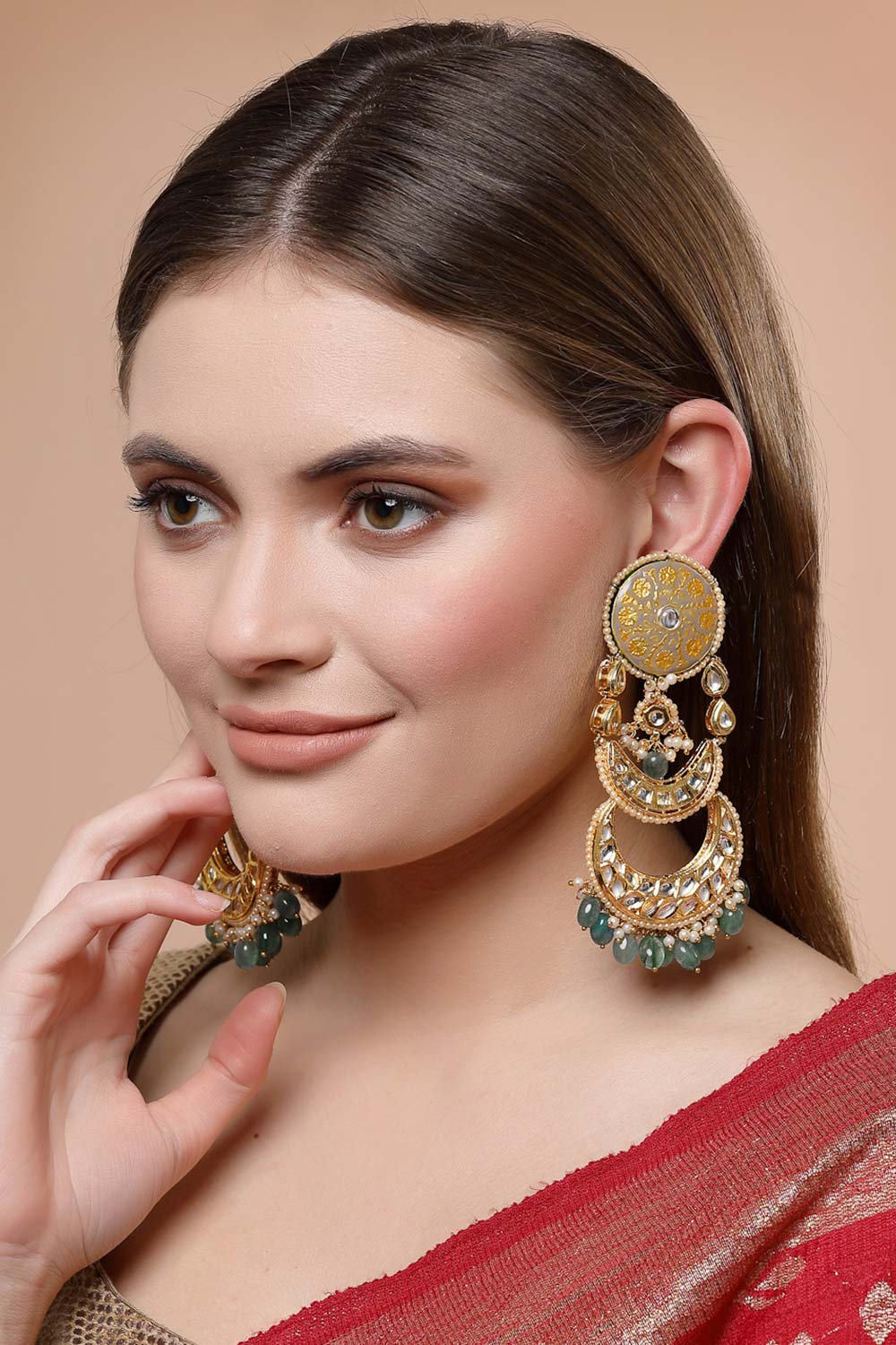 Green Gold-Plated Kundan And Pearls Drop Earring