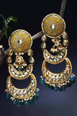 Green Gold-Plated Kundan And Pearls Drop Earring