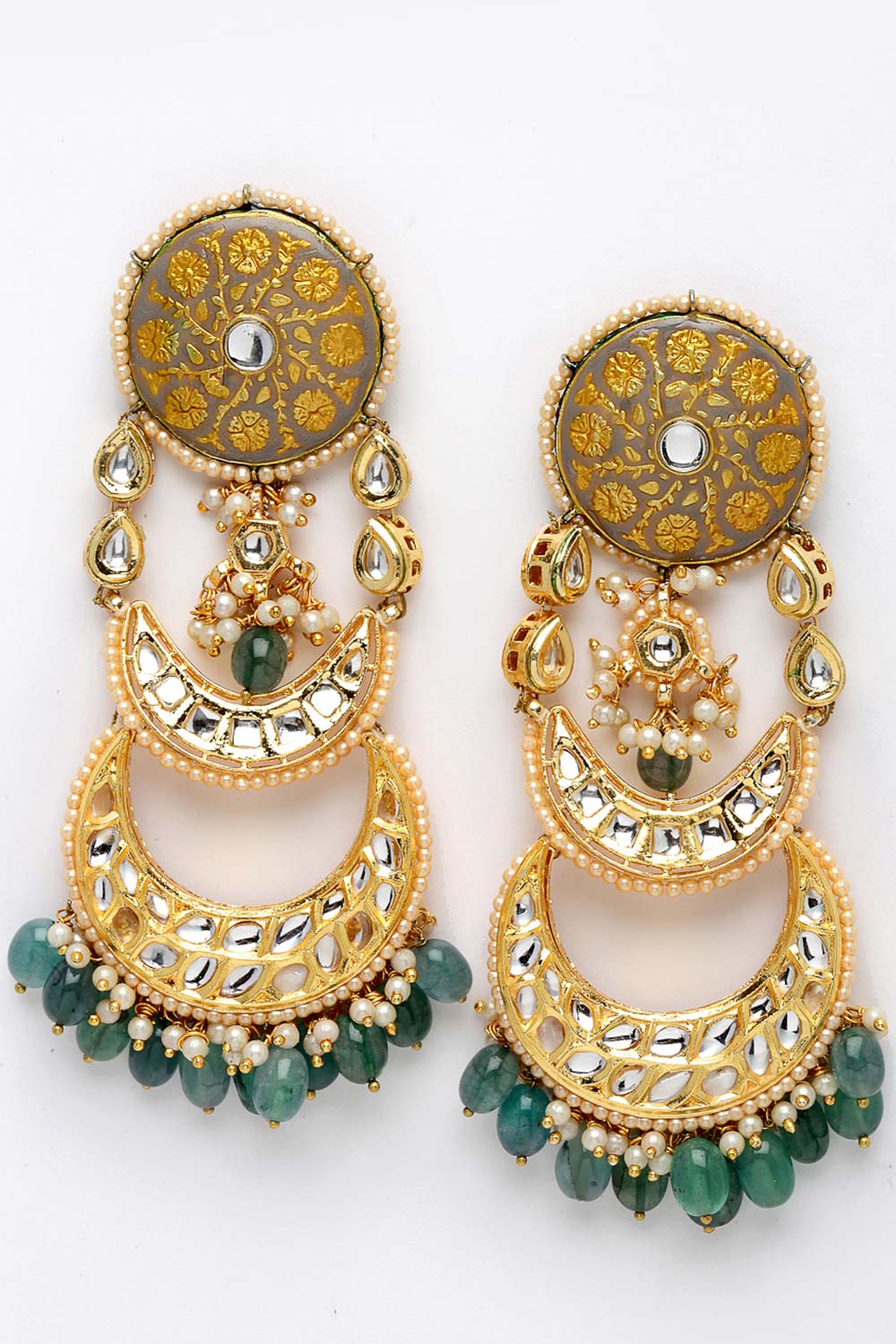 Green Gold-Plated Kundan And Pearls Drop Earring