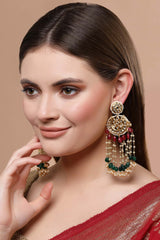 Pink And Green Gold-Plated Kundan And Pearls Drop Earring