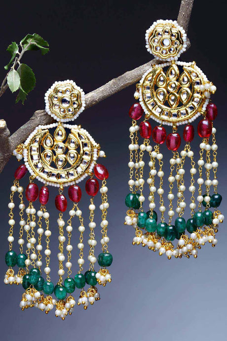 Pink And Green Gold-Plated Kundan And Pearls Drop Earring