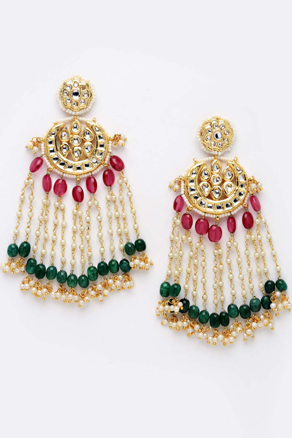 Pink And Green Gold-Plated Kundan And Pearls Drop Earring