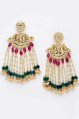 Pink And Green Gold-Plated Kundan And Pearls Drop Earring