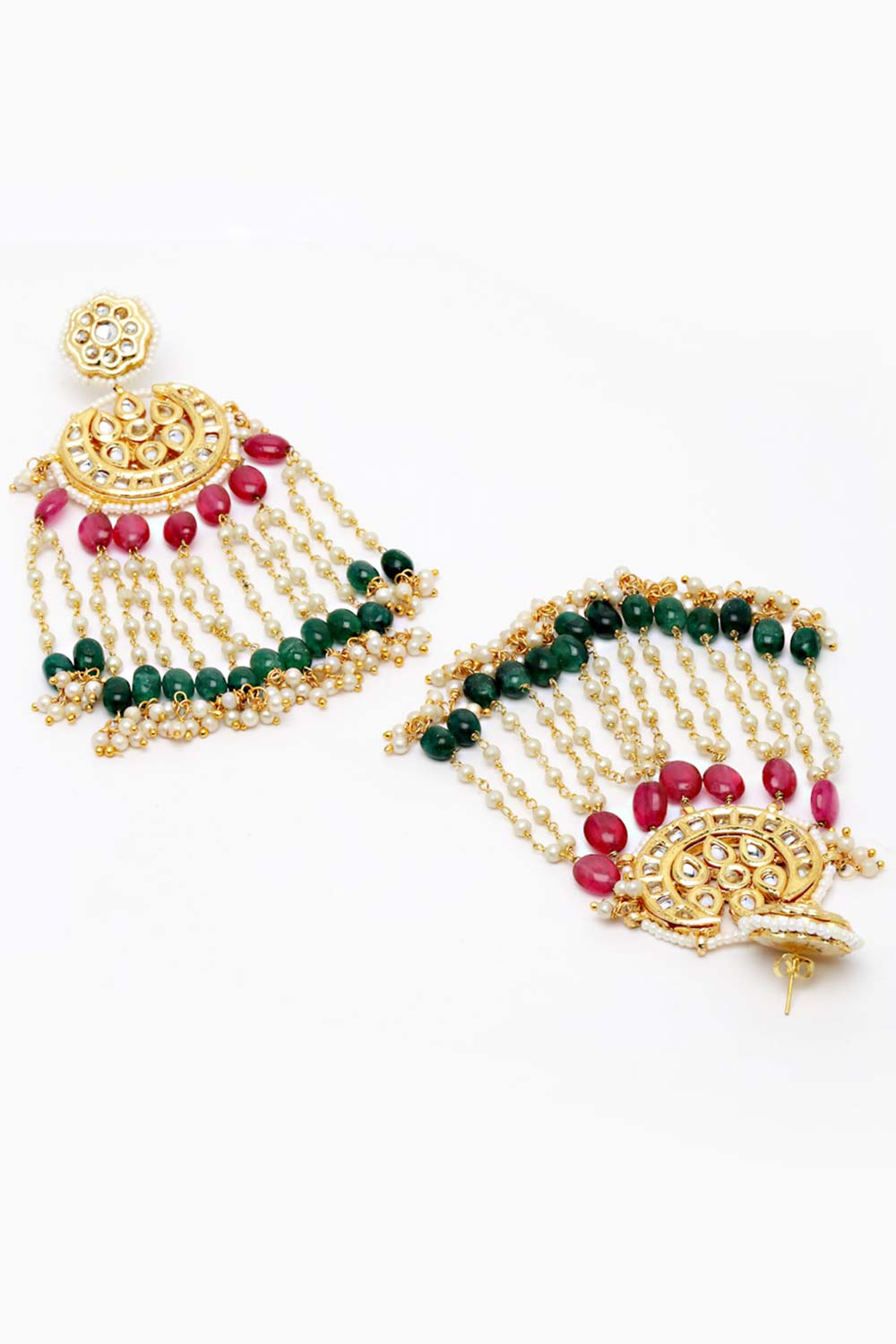 Pink And Green Gold-Plated Kundan And Pearls Drop Earring