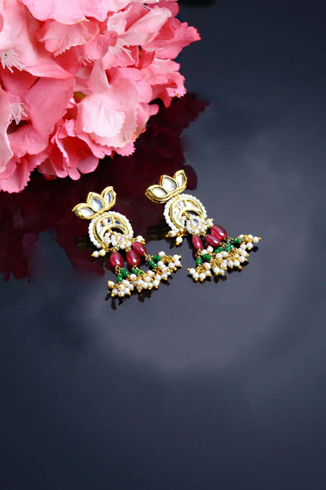 Multi-Color And White Gold-Plated Kundan And Pearls Drop Earring