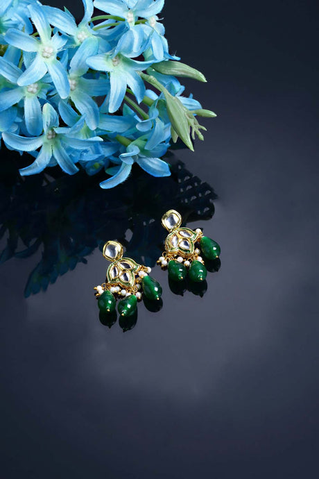 Green Gold-Plated Kundan And Pearls Drop Earring