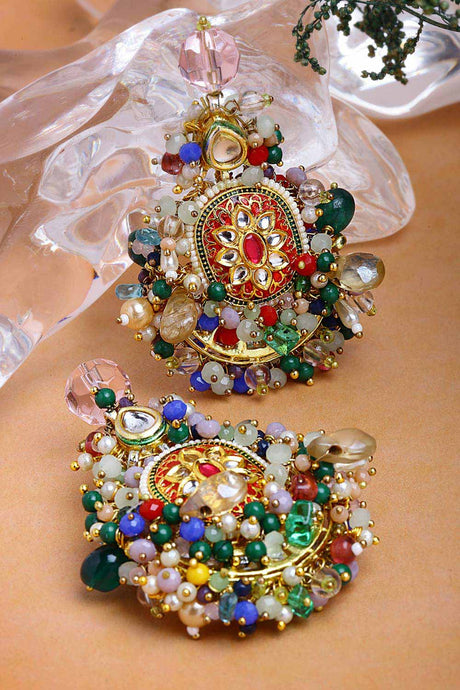 Multi-Color Gold-Plated Kundan And Pearls Drop Earring