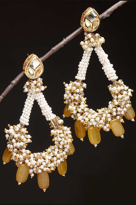 Yellow And Gold Gold-Plated Kundan And Pearls Chandbali Earrings