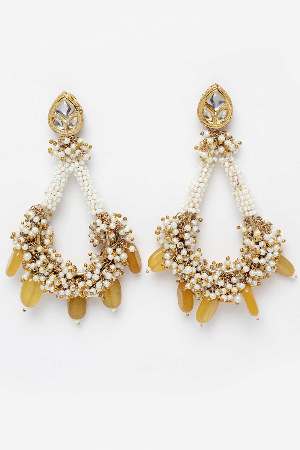 Yellow And Gold Gold-Plated Kundan And Pearls Chandbali Earrings